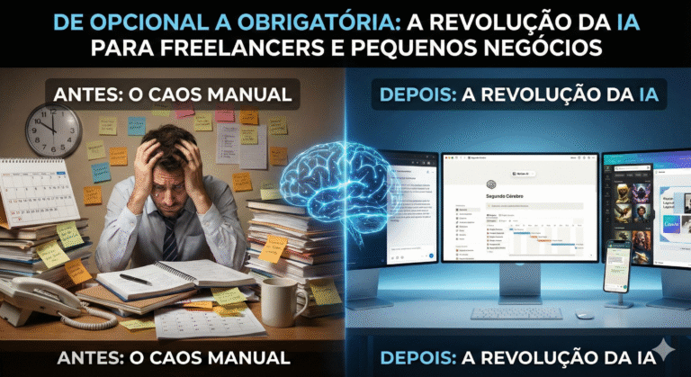 Comparação visual: secretária caótica cheia de papéis vs espaço de trabalho digital organizado com ferramentas de Inteligência Artificial.